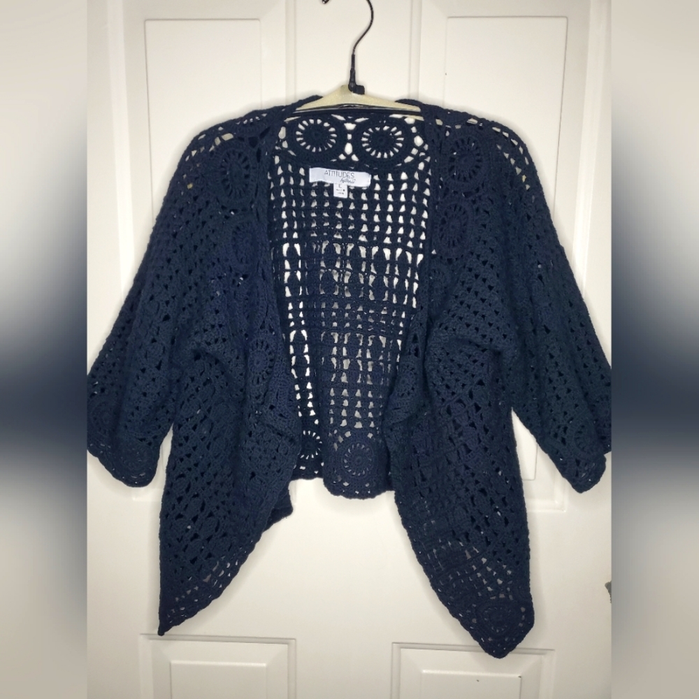 ATTITUDES BY RENEE Black Cardigan Size Large 3/4 Sleeve Crochet Knitted Hook